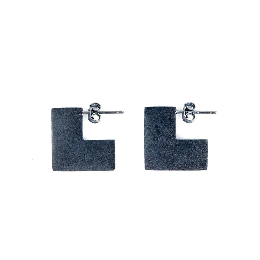 Sterling silver geometric square earrings with oxidation black finish, 16mm minimalist ring design.