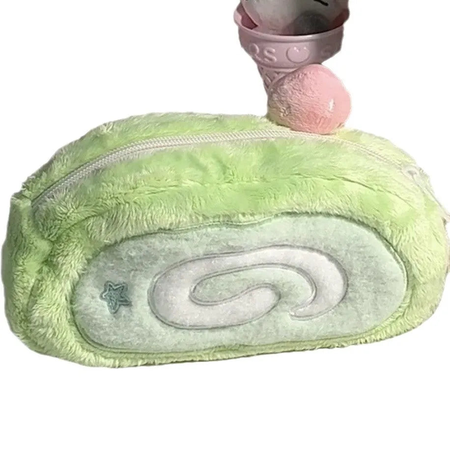 Swiss roll cake plush pencil box in velvet material with Korean style design for stationery storage