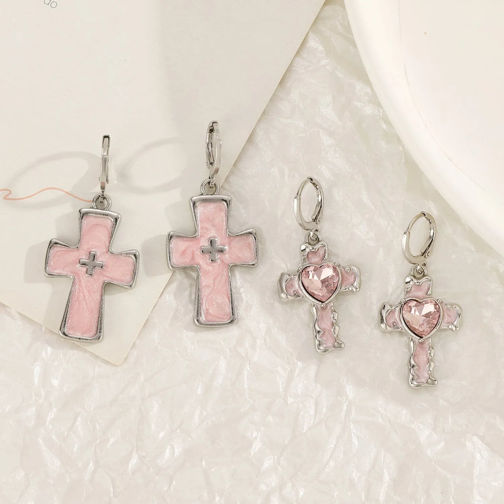 Women's alloy earrings with drip oil finish in cross, heart, and cat designs