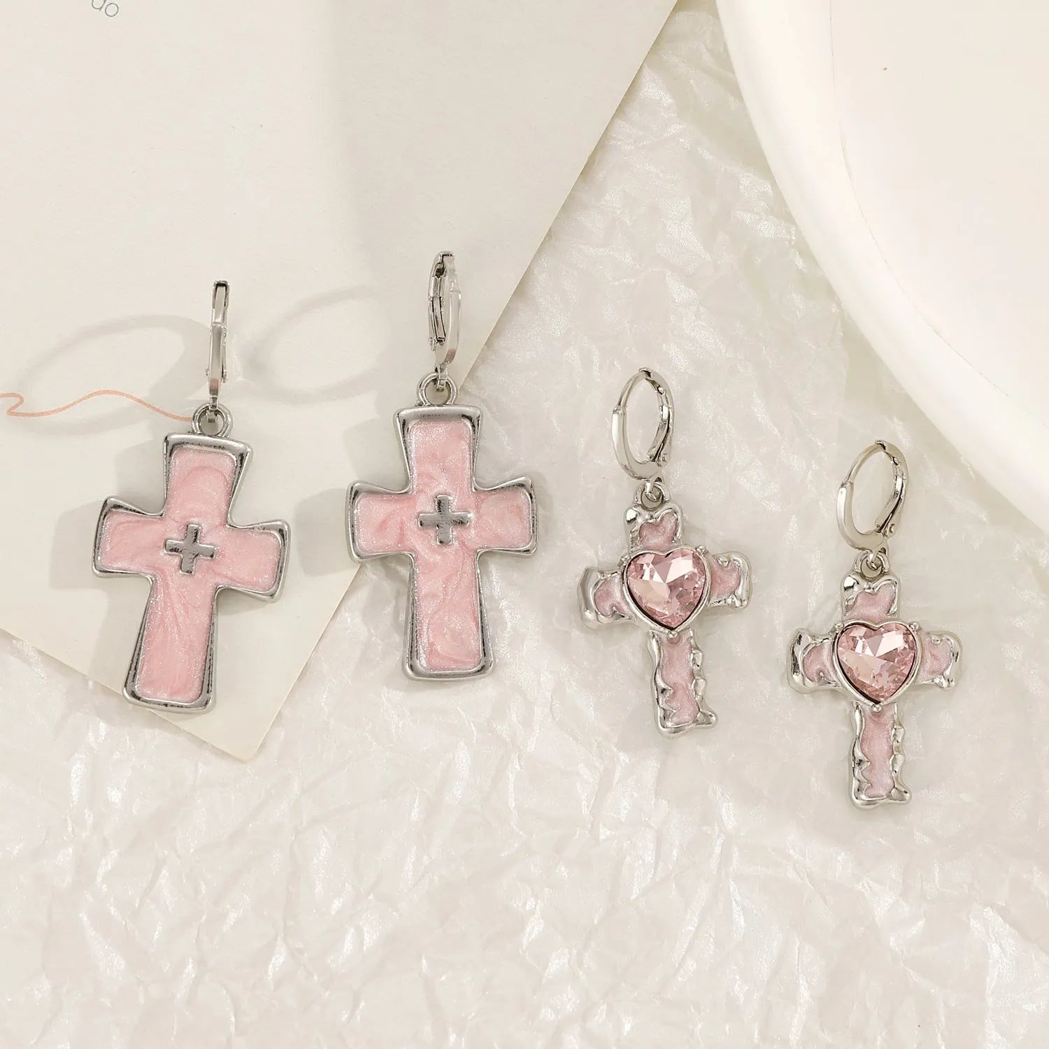 Women's alloy earrings with drip oil finish in cross, heart, and cat designs