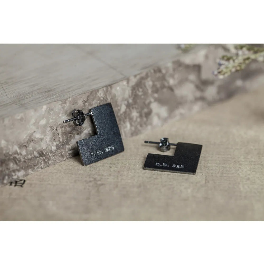 Sterling silver geometric square earrings with oxidation black finish, 16mm minimalist ring design.