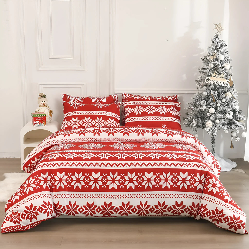 Winter Sleepers red Christmas pattern bed three-piece set with modern design on bed