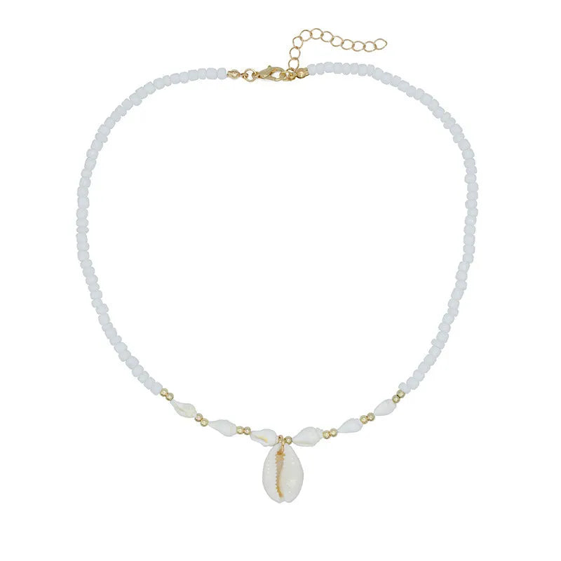 White electroplated conch shell bead necklace with mother pearl shellfish pendant