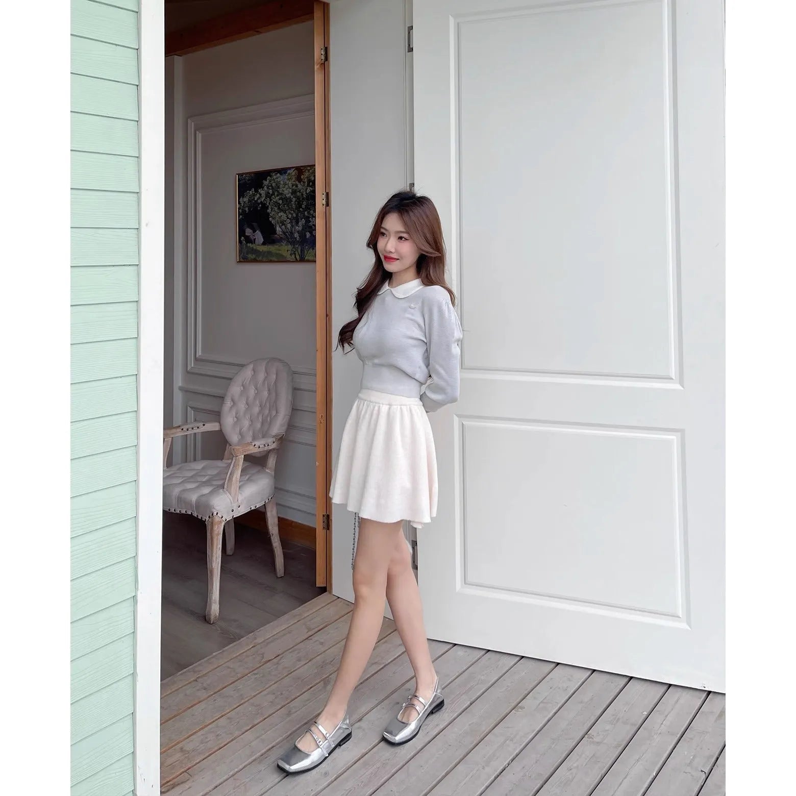 Women's silver leather ballet flats with cross buckle strap and flat sole