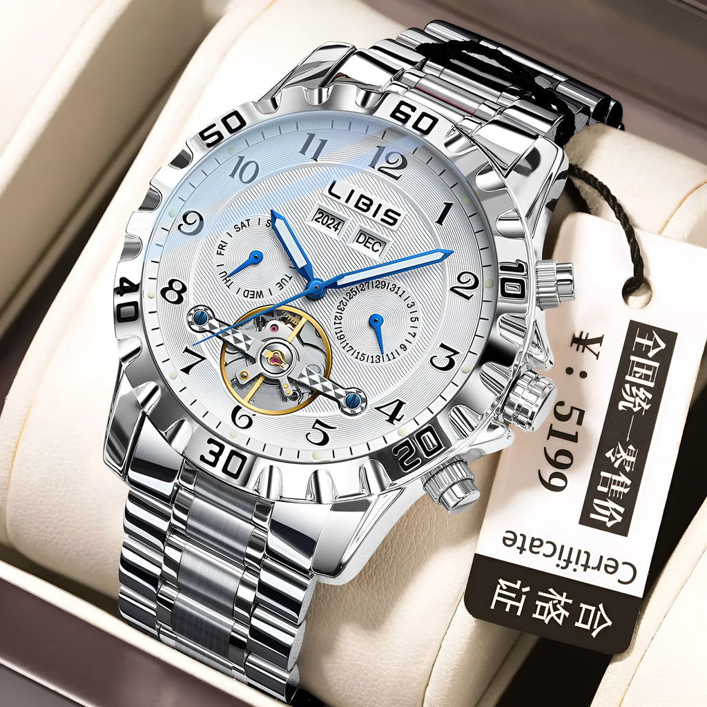 Men's silver stainless steel automatic watch with perpetual calendar function and sapphire crystal glass