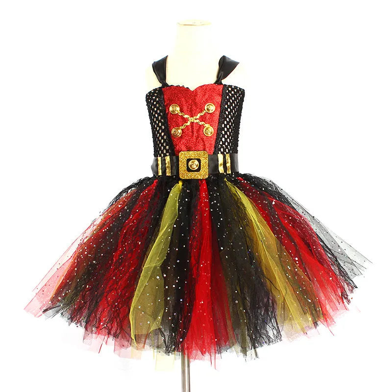 Girls pirate dress costume with sequins and mesh fabric panels, lace trim on sleeveless skirt