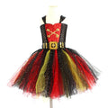 Girls pirate dress costume with sequins and mesh fabric panels, lace trim on sleeveless skirt