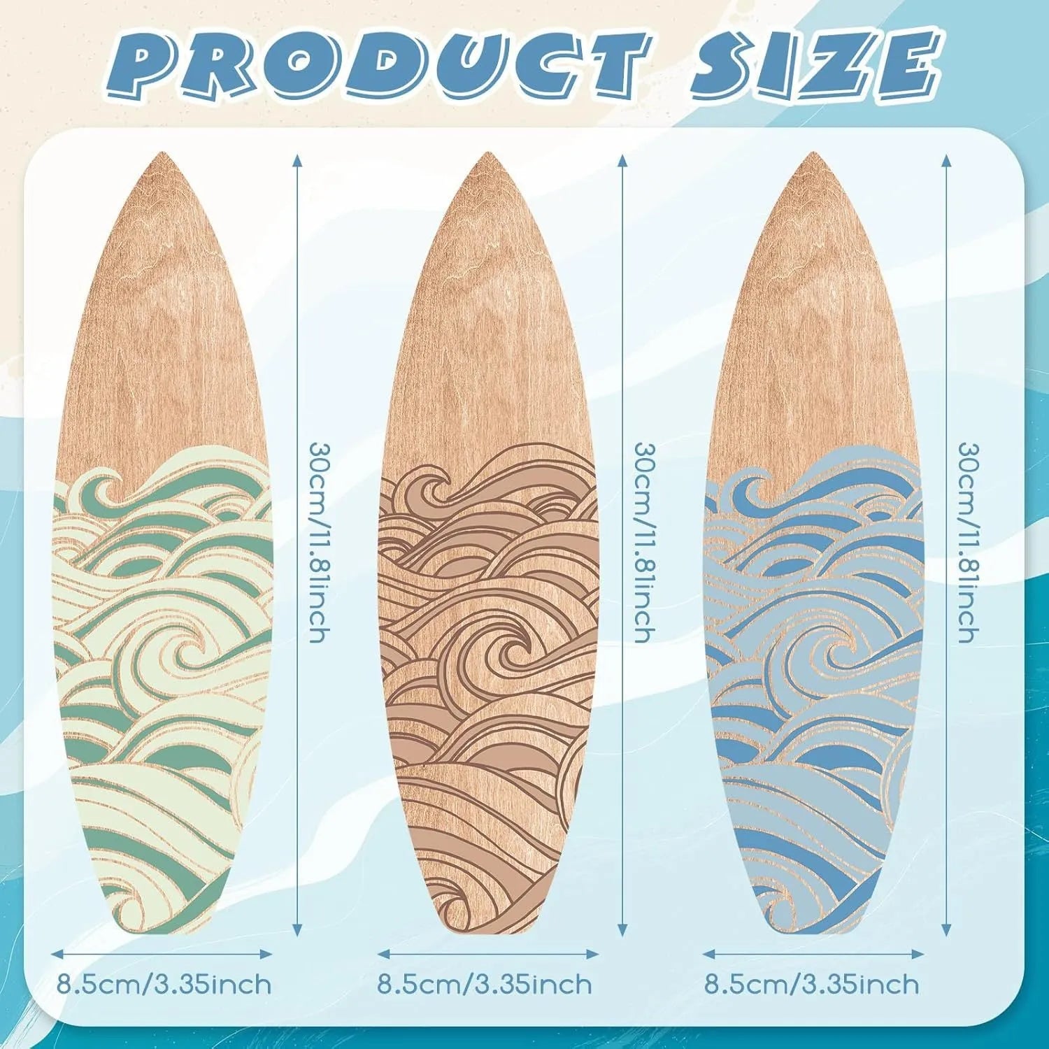 Three identical wooden surfboard-shaped wall decorations made from boxwood, shown against a plain background.