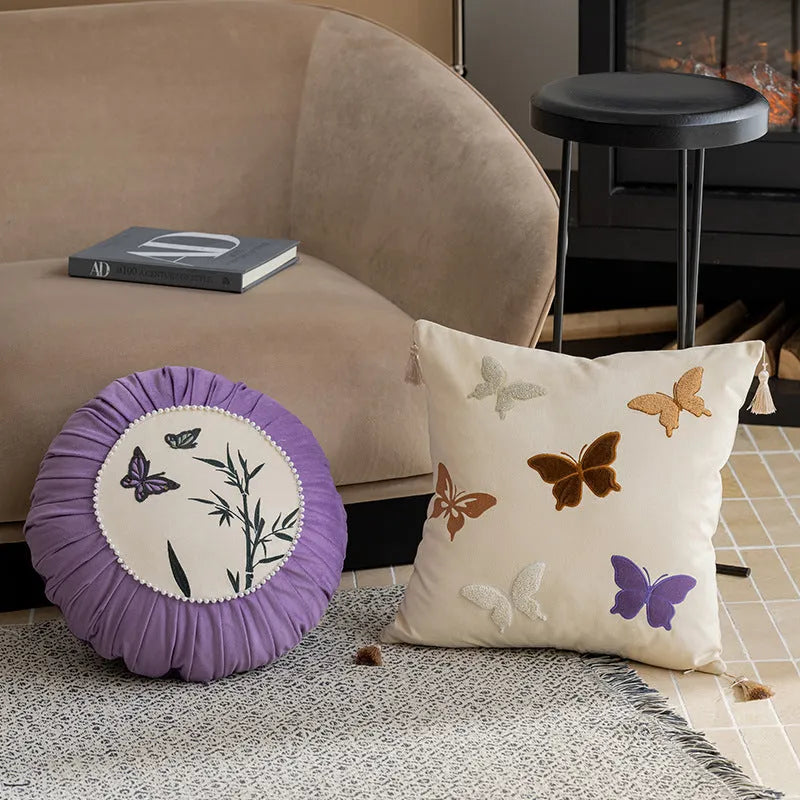 Chinese style butterfly embroidery on 45cm square couch pillow in beige, black or purple