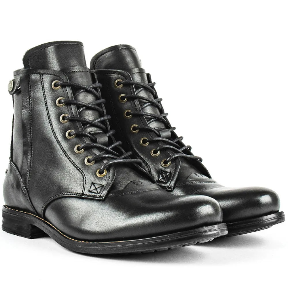 Men's black Knight Series leather ankle boots with a side zipper and low heel.