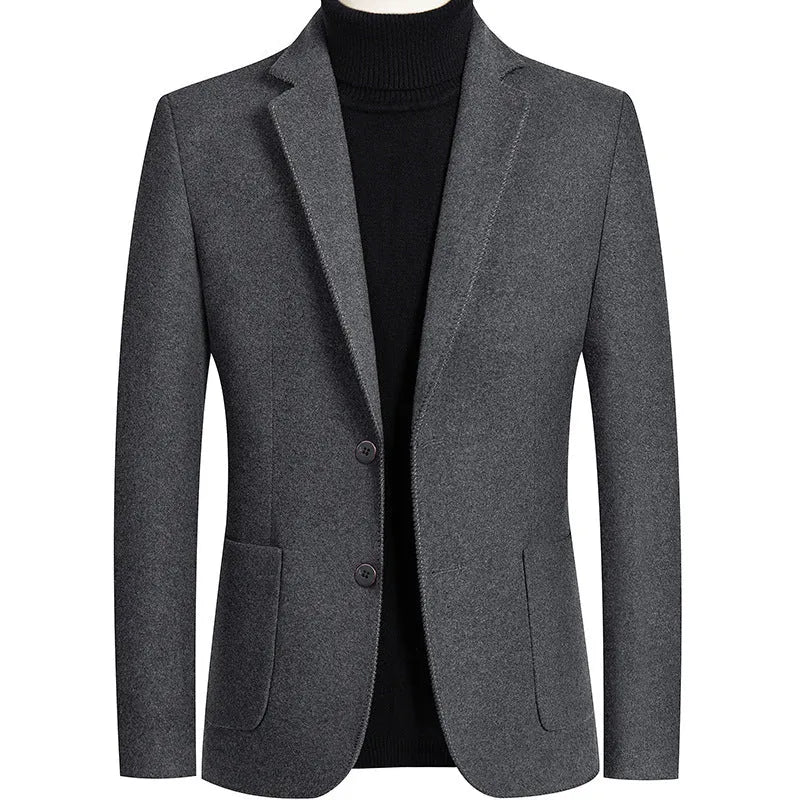 Men's slim fit wool blend jacket in grey, shown with polyester lining and suit-style cut for autumn wear