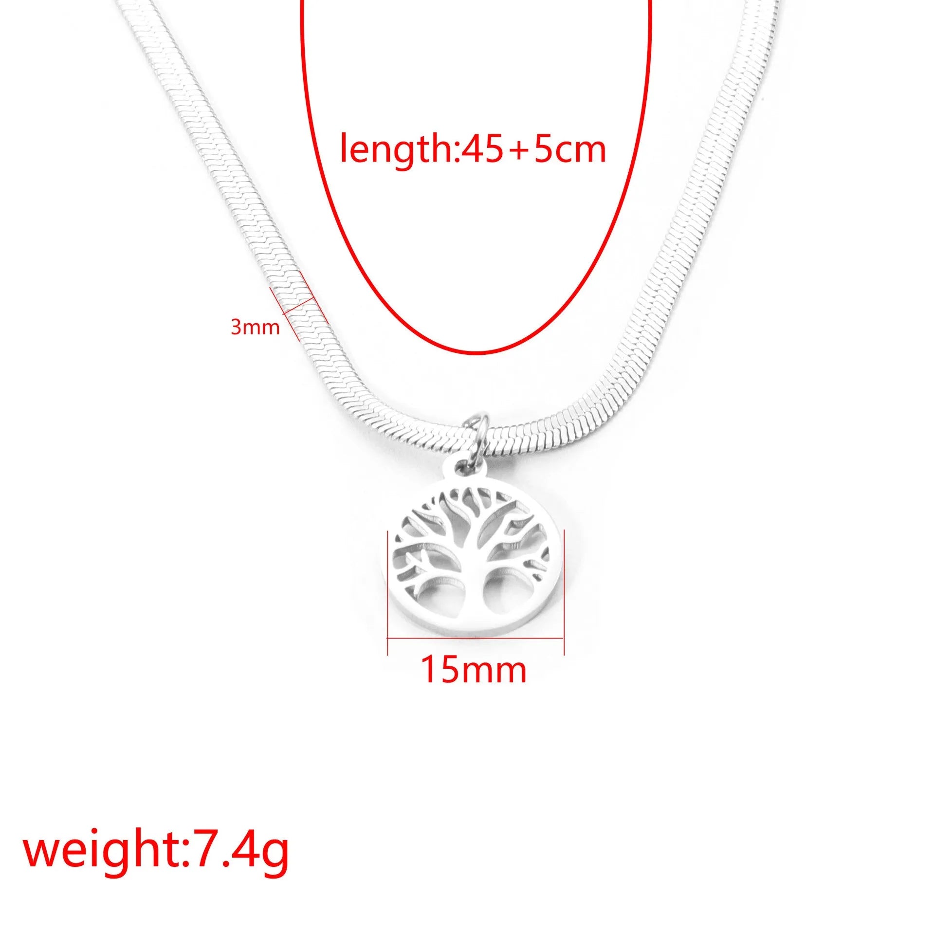 Stainless steel clavicle chain with titanium steel tree pendant, adjustable 51-60cm length