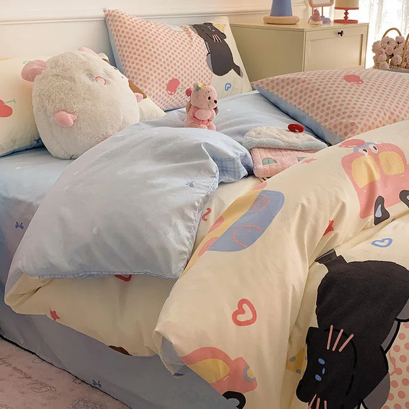 Cartoon dog pattern four-piece cotton bedding set showing multiple bed size options