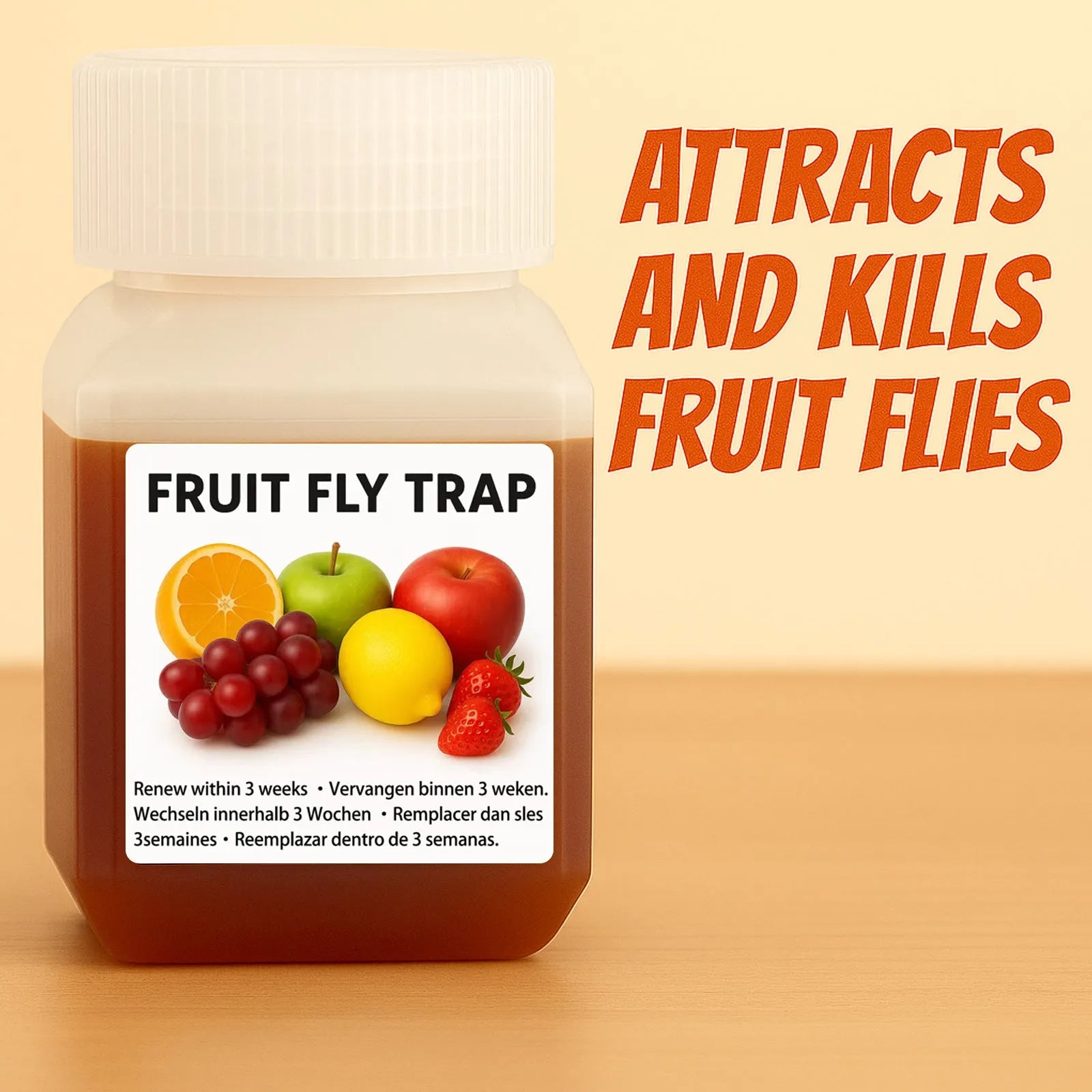 Fruit fly bait liquid bottle with funnel and non-funnel specification options for indoor pest control