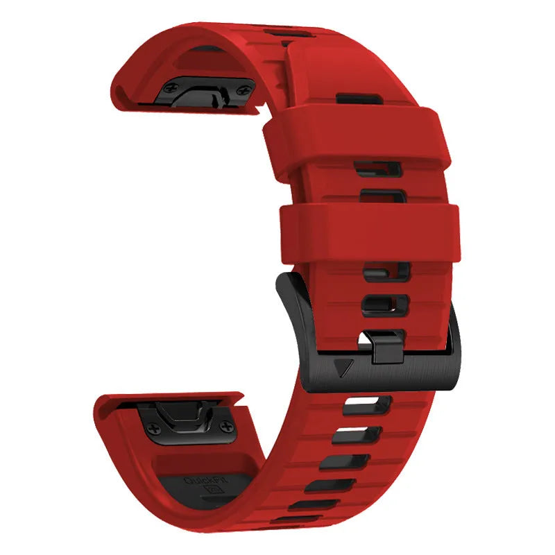 Two-tone quick release silicone watch strap for Garmin Fenix smartwatch on a grey background.
