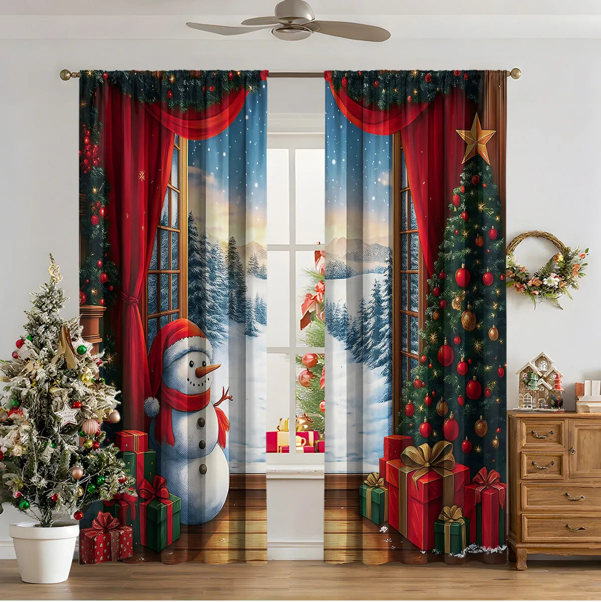 Pair of 3D digitally printed modern Christmas curtains hanging on a window.