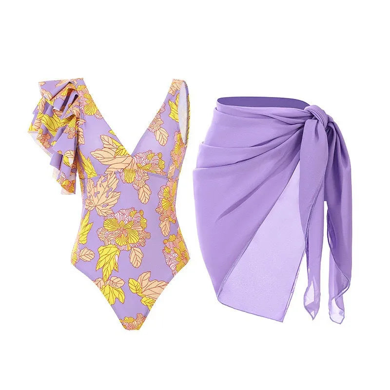 Women's solid colour one-piece swimsuit with spaghetti straps and an attached skirt