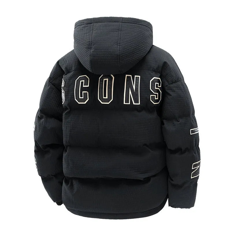 Men's black padded hooded coat with side pockets and Korean cardigan style