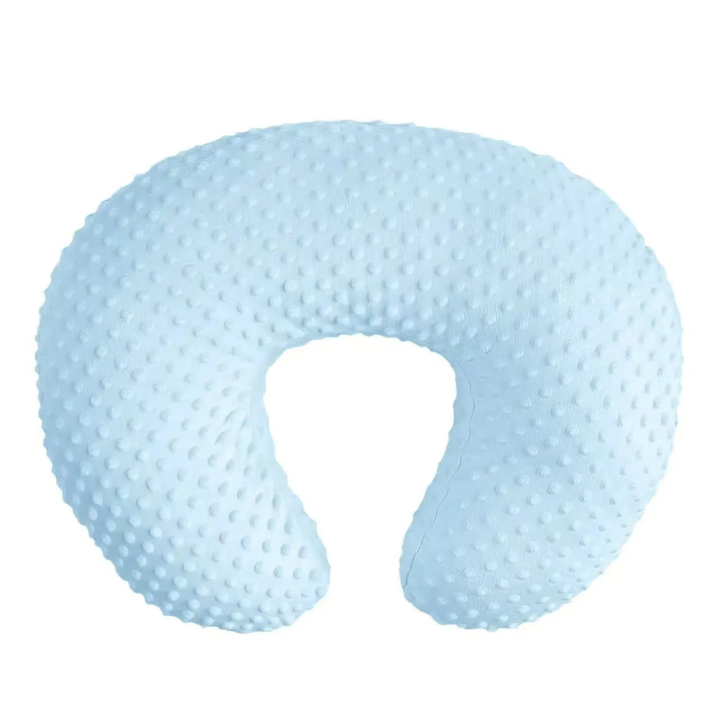 Multifunctional nursing pillow with milk spill prevention features in grey, light blue, pink and yellow colours