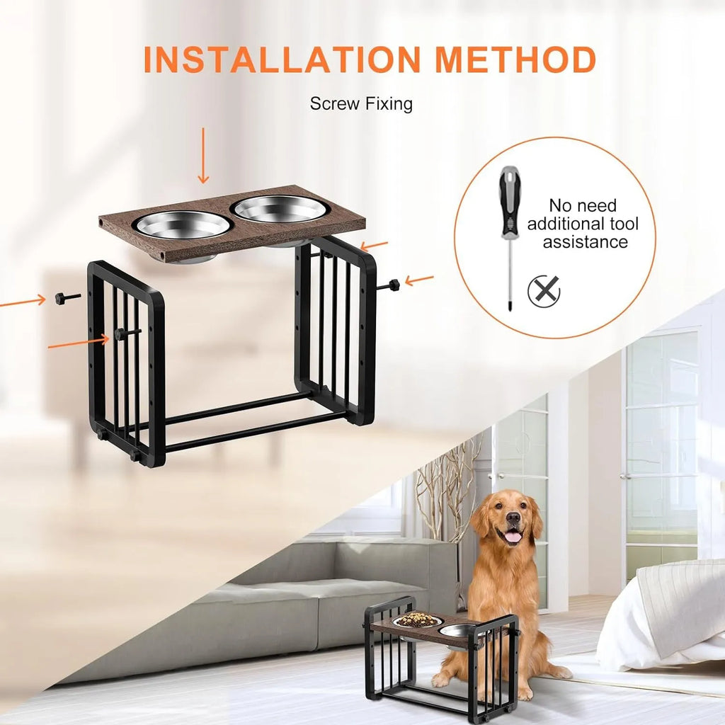 Black wooden dog bowl stand bracket measuring 37 by 23 centimetres on a floor.