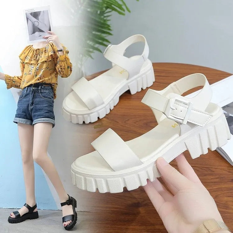 Women's beige peep toe platform sandals with ankle-strap buckle and fish mouth toe design