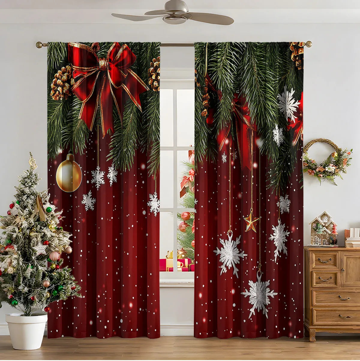 Pair of 3D digitally printed modern Christmas curtains hanging on a window.