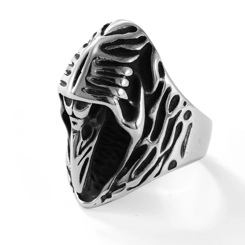 Stainless steel crow punk ring with geometric design on grey background