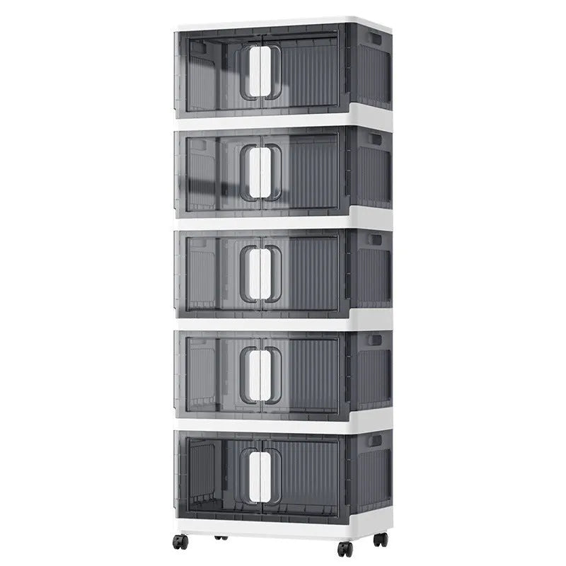 Foldable white household storage locker with wheels showing multiple layer configuration for clothes and shoe organisation