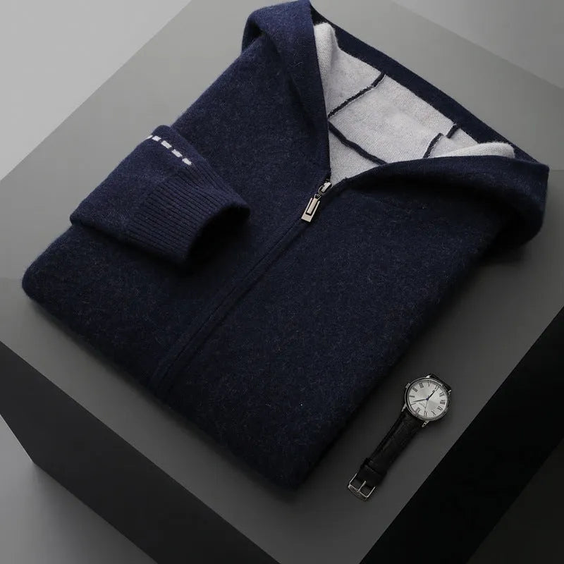 Men's dark blue cashmere half-high collar zipper cardigan sweater with thickened knit construction