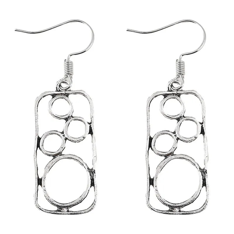 Geometric round ring earrings with irregular square details in antique silver zinc alloy