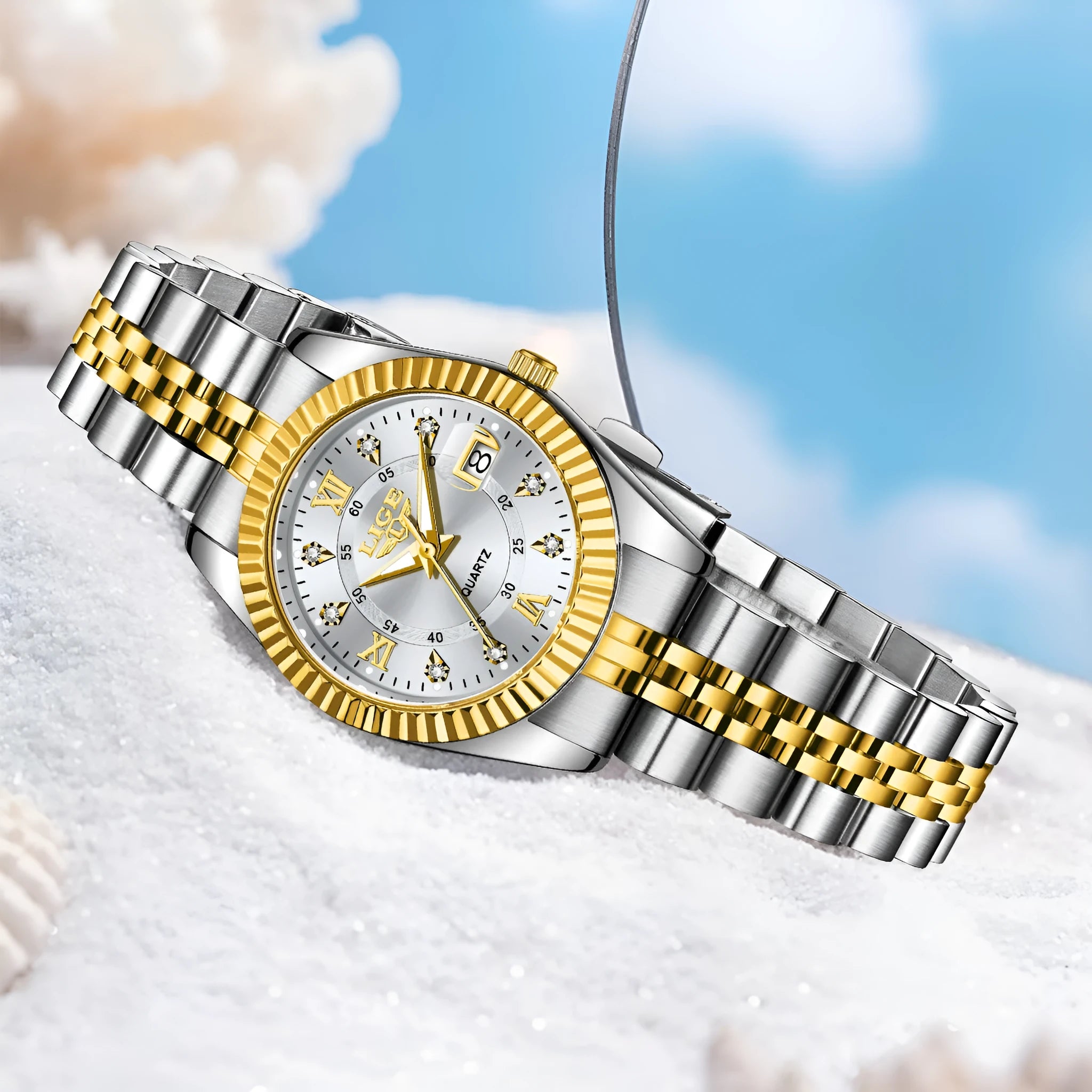 Women's waterproof quartz fashion watch in multiple colour options with 10mm thickness