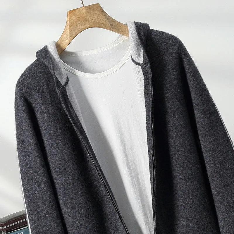 Men's dark blue cashmere half-high collar zipper cardigan sweater with thickened knit construction