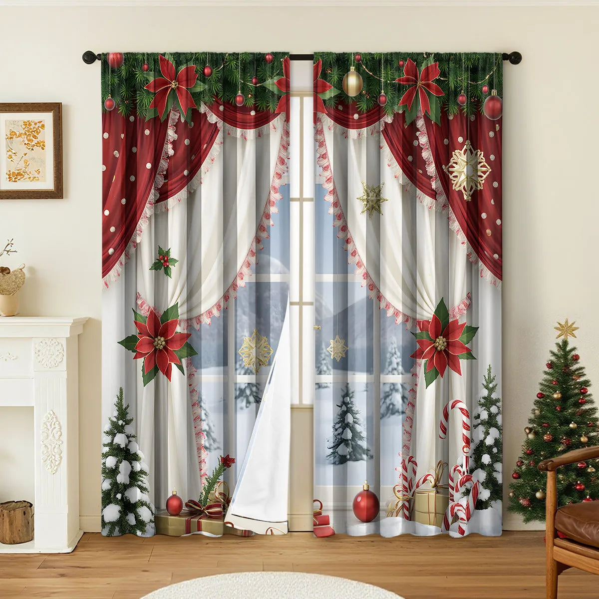 A pair of 3D digitally printed Christmas theme curtains hanging on a window, showcasing one of fifteen available European colour and pattern styles.