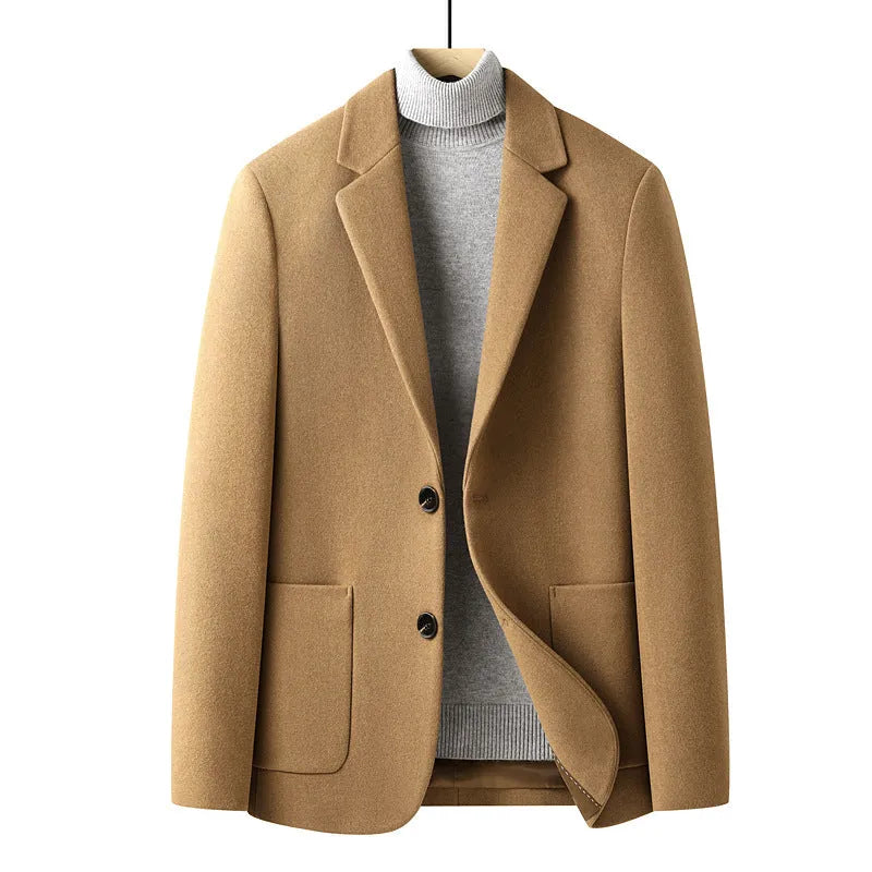 Men's slim fit wool blend jacket in grey, shown with polyester lining and suit-style cut for autumn wear