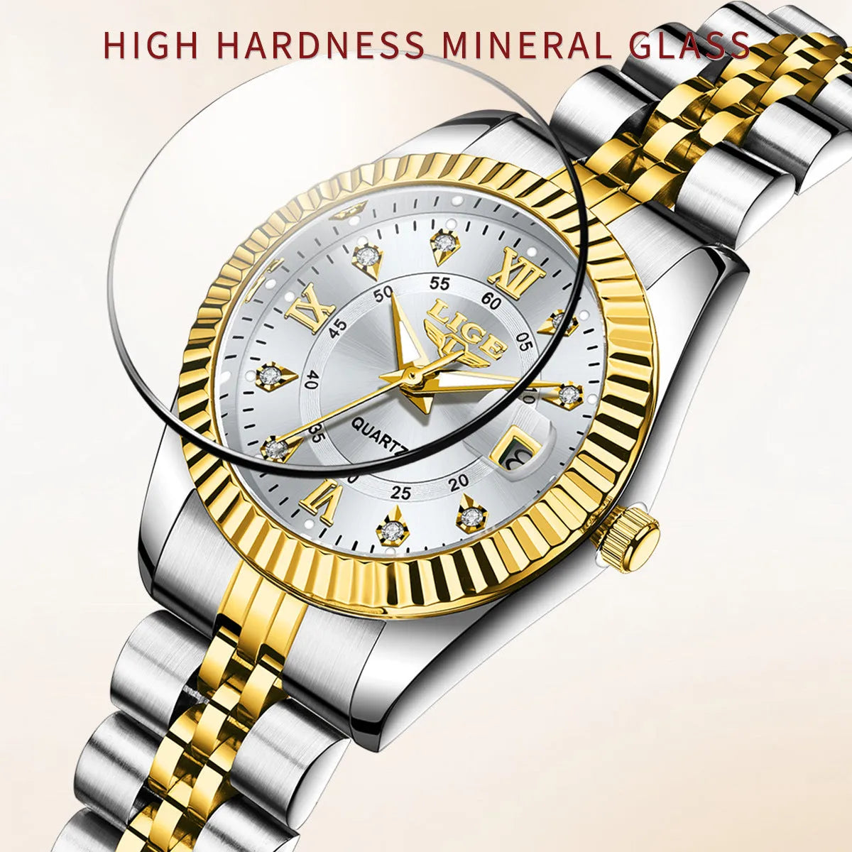 Women's waterproof quartz fashion watch in multiple colour options with 10mm thickness