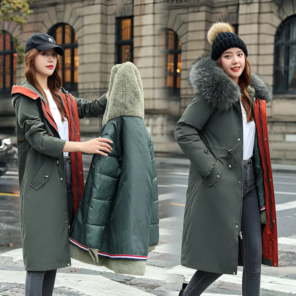 Women's long cotton-padded fleece trench coat in extended 100cm length with down cotton filler