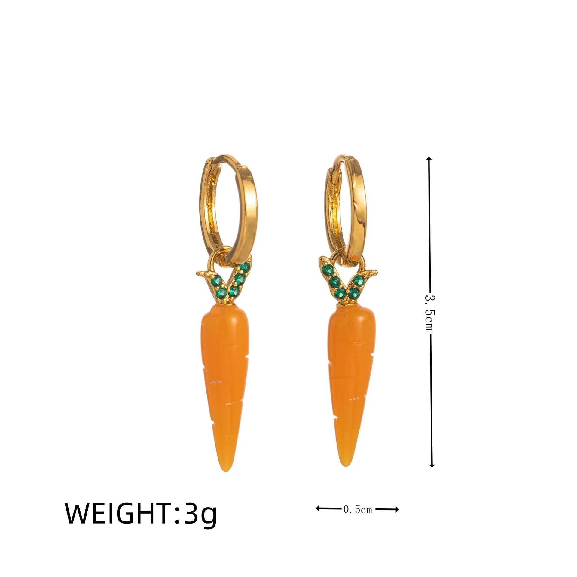 Gold plated fruit and vegetable design earrings showing carrot, orange and blueberry styles