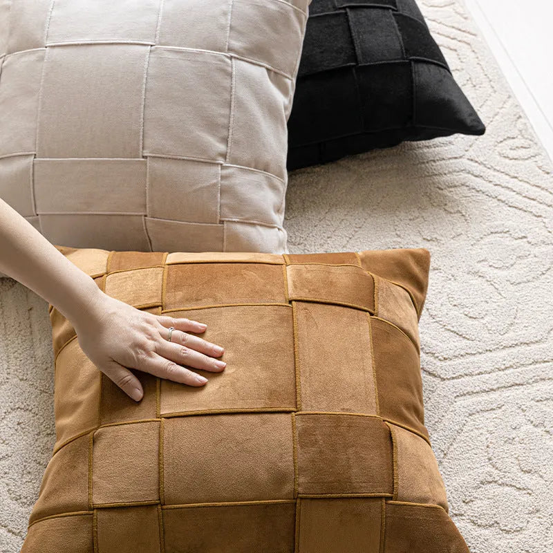 Square chenille woven cushion in beige, black, orange, reddish brown, green, coffee or taupe, 50cm size.