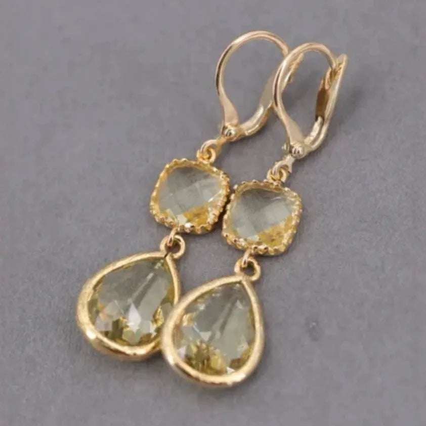 Gold retro geometric earrings with long crystal fringe and water droplet design
