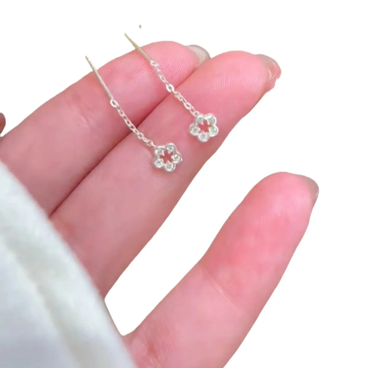 Sterling silver hollow flower dangling earrings with natural petal elements
