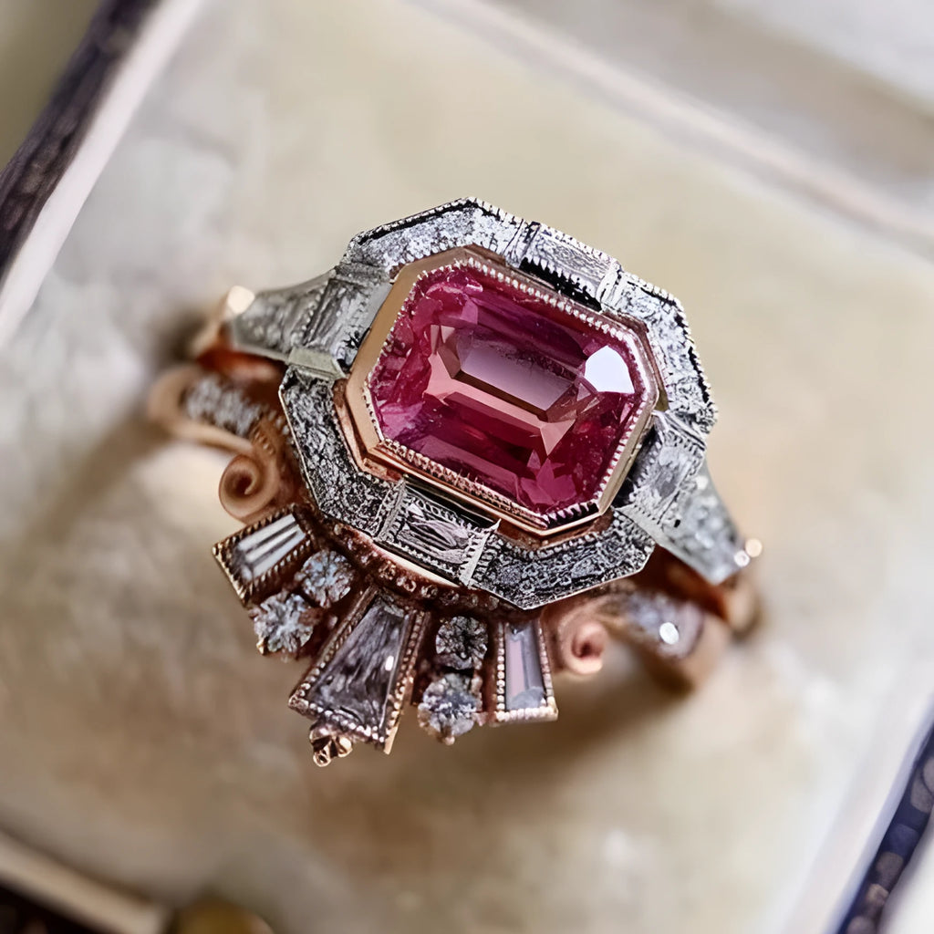 Women's retro style fashion ring with ruby detail and rose gold colour geometric design
