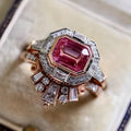 Women's retro style fashion ring with ruby detail and rose gold colour geometric design