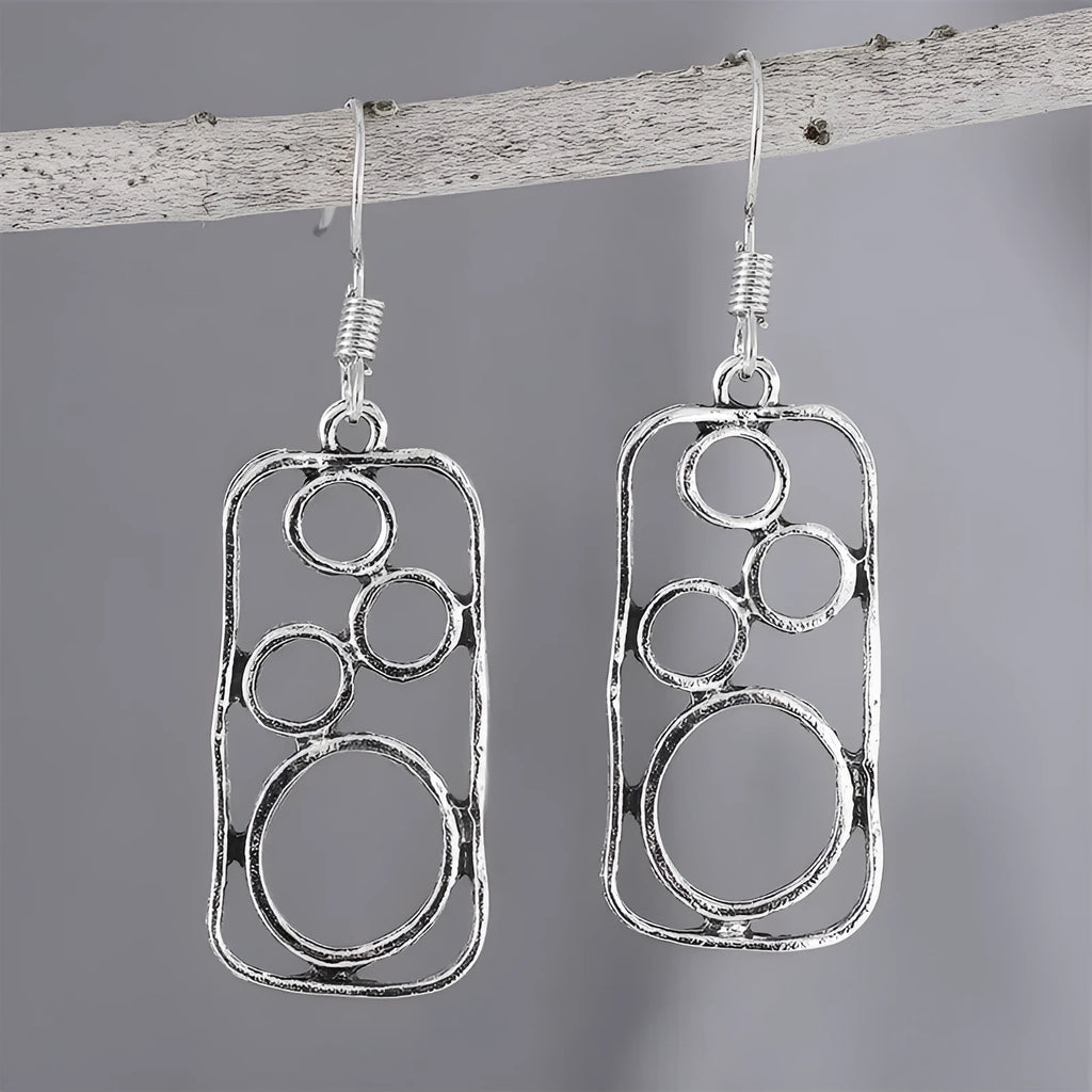 Geometric round ring earrings with irregular square details in antique silver zinc alloy
