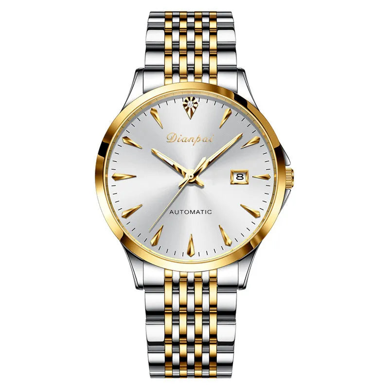 Men's simple dial automatic watch with stainless steel bracelet on a wrist.