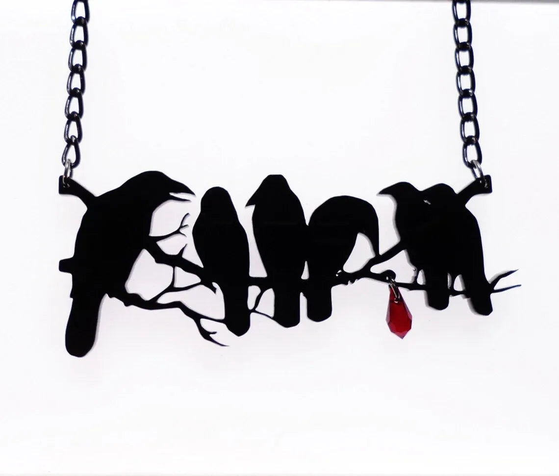 Black electroplated alloy crow necklace with cross chain closure for gothic fashion