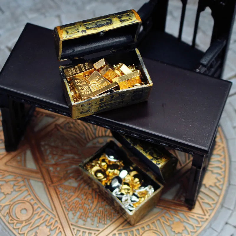Alloy treasure box doll house accessory with gold coins and bars for miniature displays