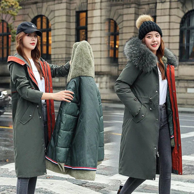 Women's long cotton-padded fleece trench coat in extended 100cm length with down cotton filler