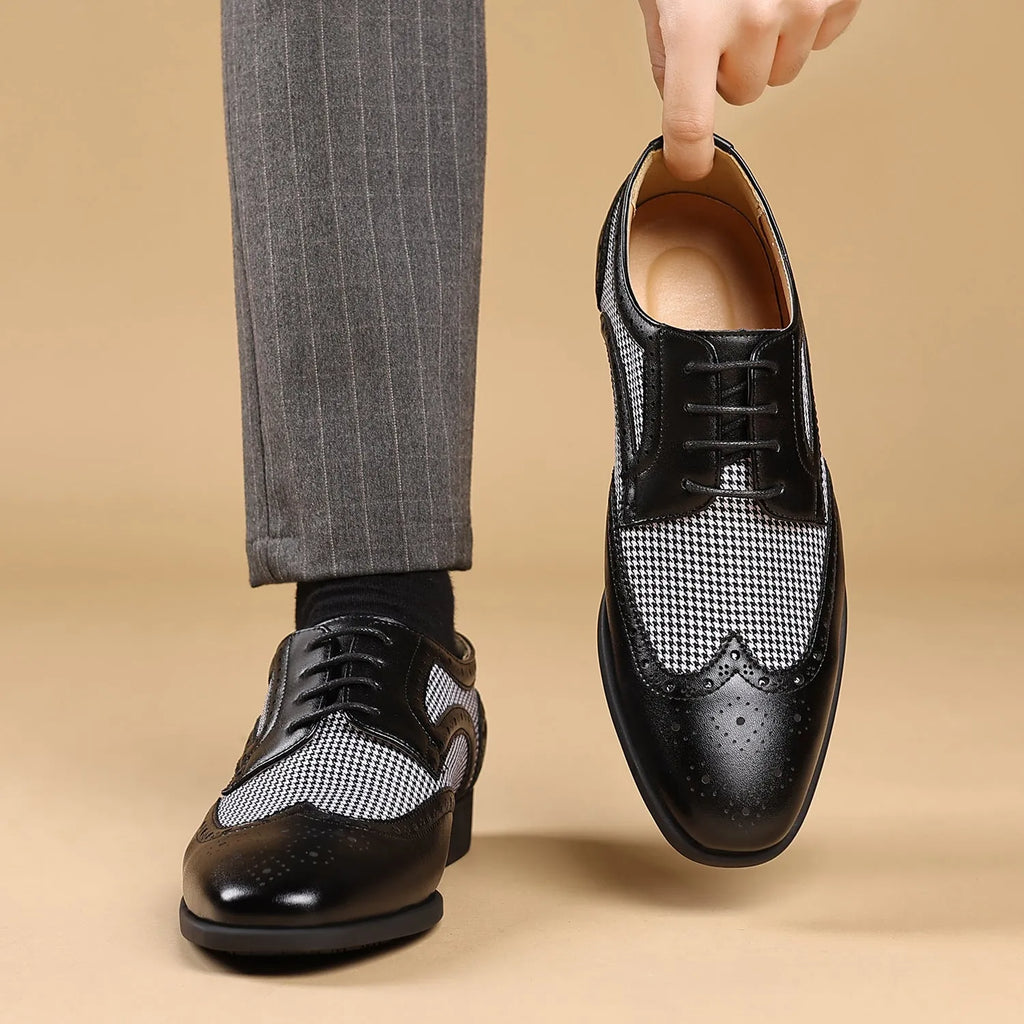 Men's black and white houndstooth plaid casual lace-up shoes with a square toe and rubber sole.