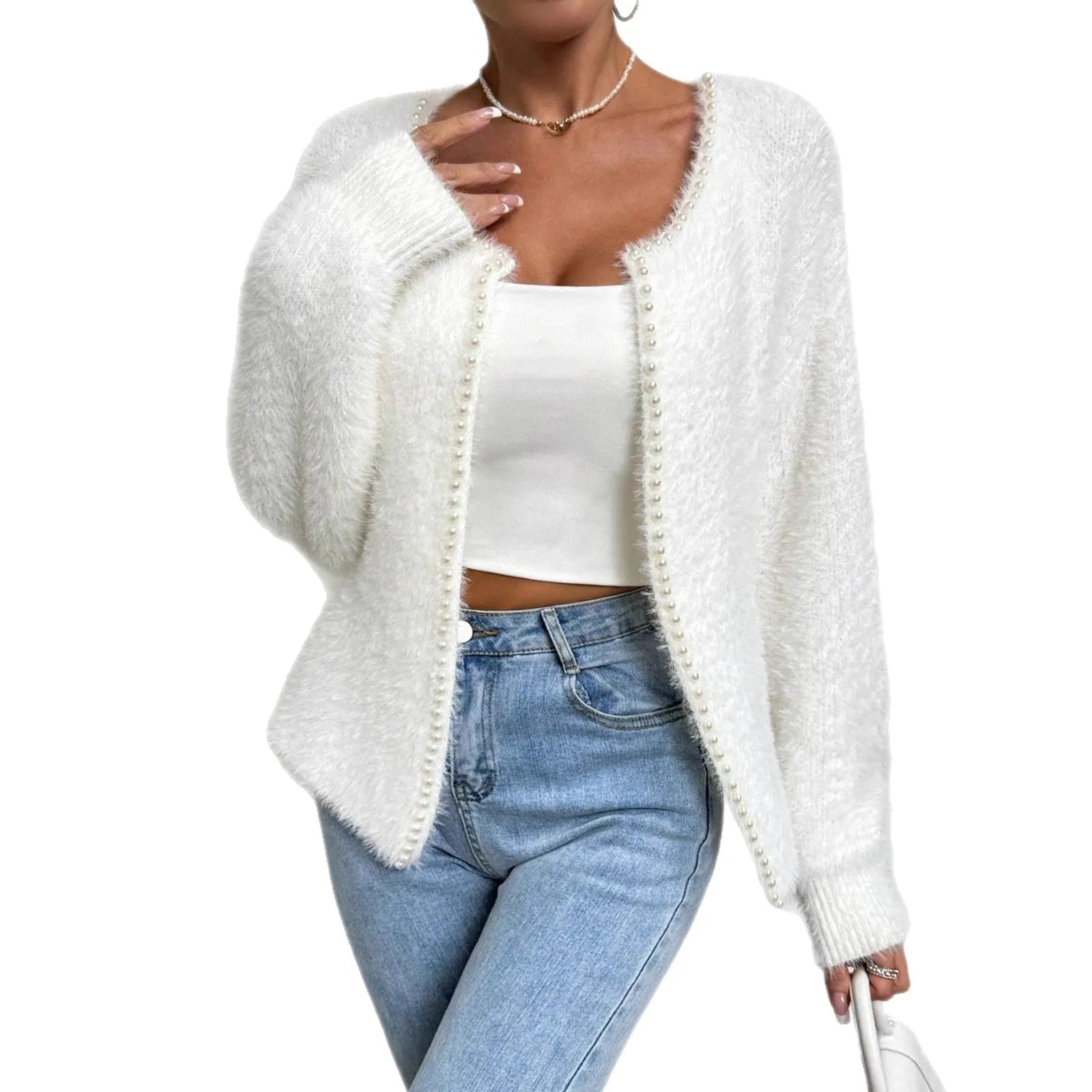 White women's V-neck cardigan sweater with medium thickness polyester construction