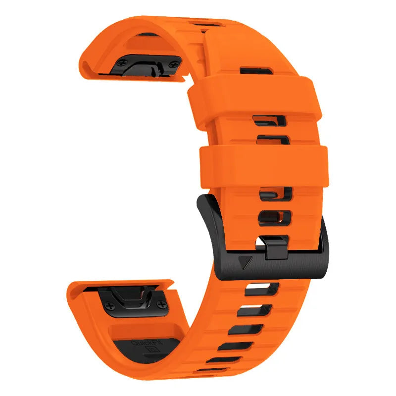 Two-tone quick release silicone watch strap for Garmin Fenix smartwatch on a grey background.
